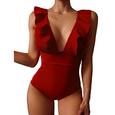 Bañadores Mujer Trajes de Baño Una Pieza Retro Volante Fruncido Push Up Escote en V Profundo Halter Elegante Monokini Bañador Natacion Reductor Tankin