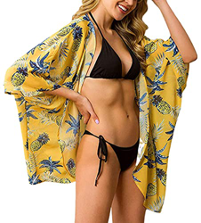 Camisola de Playa para Mujer Cardigan Corto Manga Media Pareos Cubrir Bikini Kimono Estampados de Flor Bikini Cover Up Protector Solar Traje de Baño d precio