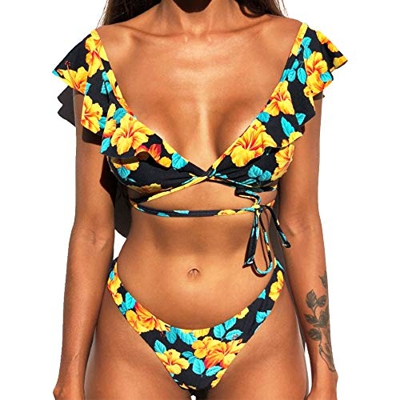 CheChury Conjunto de Bikini Traje De Baño de Dos Piezas de Mujer Sujetador Acolchado Floral Impresión Estampado Bikini Traje de baño para El Verano