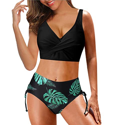 Bikinis Mujer Push Up Halter Bikini Floral Impresa Sexy Cintura Alta Ropa de Playa de Dos Piezas Busto Ajustable Adolescente Divididos Bañadores Bikin