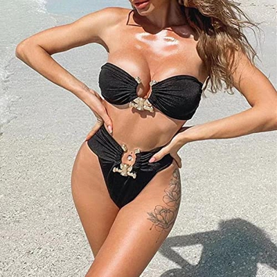 Bysonglezai Conjunto de bikini para mujer, traje de baño sexy sólido brasileño bikini conjunto mujer traje de baño con pedrería de cintura alta push u