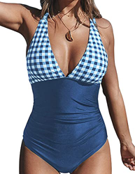 Joligiao Bañador para Mujer Retro Cintura Alta Trajes de Baño Una Pieza Tartán Halter Cuello en V Conjunto de Bikini Push up Bralette en oferta