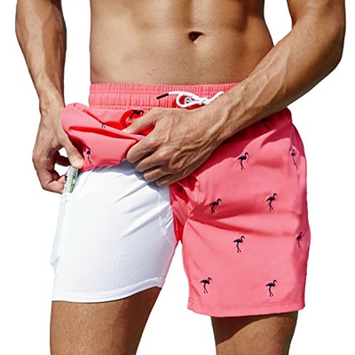 Arcweg Bañador para Hombre con Forro de Compresión 2 en 1 de Secado Rápido con Forro Corto Pantalones Cortos de Surf Elásticos con Bolsillos con Crema