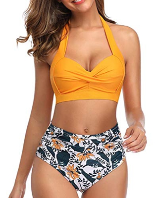 Tuopuda Mujer Retro Cintura Alta Conjunto de Bikini de Dos Piezas con Pliegues Halter Fruncido Push Up Arriba Trajes de baño Acolchados
