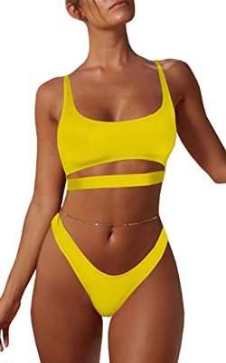 Bikinis Brasileños para Mujer Sexy Conjuntos de Bikini con Tiras Recortadas Tanga de Corte Alto con Escote Redondo Bajo