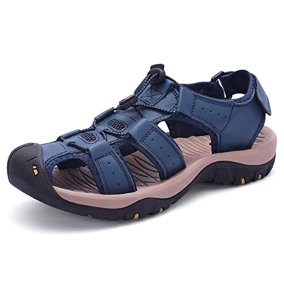 Harssidanzar Sandalias de senderismo para hombre, zapatos de agua de verano,sandalias deportivas de cuero con punta cerrada KM219EU,Armada,43EU