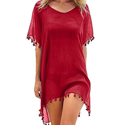 FFWTPY Mujer Suelto Vestido de Playa V Cuello Gasa Camisolas y Pareos con Borla Ropa de Baño de Playa Transparente Bikini Cover Up (Rojo)