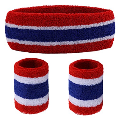 Yolev 3 Piezas Mu?equera a Rayas Incluye 1 Diadema Deportiva y 2 Mu?equeras Deportivas Accesorios Deportivos para Hombres y Mujeres (Rojo, Blanco, Azu