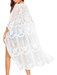 iWoo - Cárdigan kimono sexi para mujer, largo, para proteger del sol en la playa, de encaje floral estilo crochet para cubrirse en la playa. C-blanco  precio