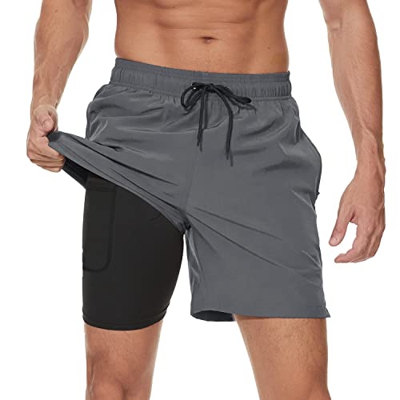 Arcweg Bañador para Hombre con Forro de Compresión 2 en 1 de Secado Rápido con Forro Corto Elástico para la Playa con Bolsillos con Cremallera Gris L
