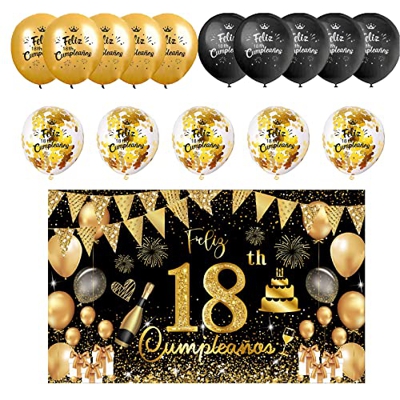 (1+15) Decoración para Cumpleaños 18 Escrita en Español 1 Pancarta Feliz Cumpleños 18 Decoración 18 Años Negro Oro Happy Bithday Fondo Cartel con15 Gl
