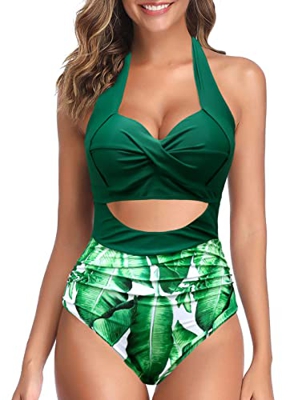 JFAN Conjunto de Bikini de Levantamiento de Cadera con Cuello bajo sin Espalda con Cordones para Mujer(Verde,L)