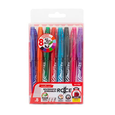 8 BOLÍGRAFOS BORRABLES STARPLAST - Set de 8 bolígrafos borrables, con capuchón, 8 colores, borrador incorporado, para uso escolar.