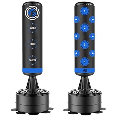 Saco de boxeo de pie de 6 pies, bolsa de boxeo pesada con objetivos (negro/dorado) (negro y azul)