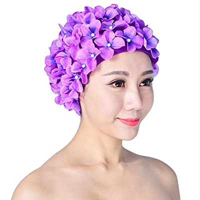 Laluky Gorro de natación para mujer, diseño de pétalos florales, estilo retro, gorro de natación transpirable con flores para deportes acuáticos (mora