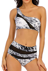 Ocean Plus Conjunto de bikini de un solo hombro para mujer, asimétrico, ropa de playa, encaje Off Shoulder, negro y blanco, L precio