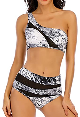 Ocean Plus Conjunto de bikini de un solo hombro para mujer, asimétrico, ropa de playa, encaje Off Shoulder, negro y blanco, L