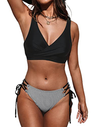 CUPSHE Conjunto de bikini para mujer Twist Front Tie Side Bikini Traje de baño de dos piezas Trajes de baño, Negro / Rayas, M en oferta