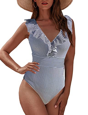 JFAN Mujer Traje de Baño Una Pieza Bikini Impresión de Rayas Volante Fruncido Ropa de Playa Bikini Sets(Turquesa,XXL)