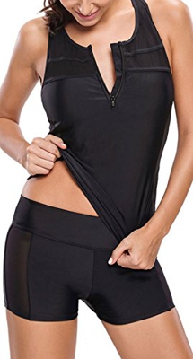 Charmley Tankini con cremallera negro sólido con pantalones cortos sin mangas conjunto acolchado más tamaño adelgazante traje de natación para mujer, 