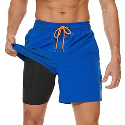 Arcweg Bañador para Hombre con Forro de Compresión 2 en 1 de Secado Rápido con Forro Corto Elástico para la Playa con Bolsillos con Cremallera Azul Os