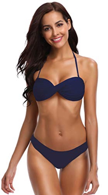 SHEKINI Traje de Baño de Dos Piezas Mujer Bandeau Ajustable Bikini Top Sexy Halter Acolchado Bikini Set Cintura Baja Bikini Bottoms Beach Bikini（XL，De