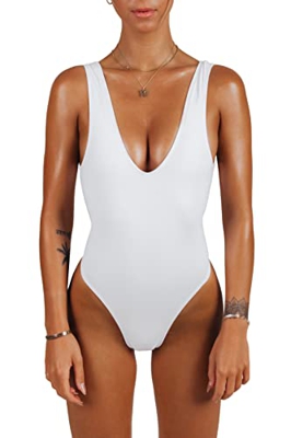 sofsy Blanco Bañador de una Pieza Mujeres Plus Size Traje de baño Push Up Corte Alto Espalda Baja Natación Playa Vintage Retro 80s 90s Talla XXL Xxlar
