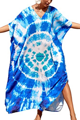 YouKD Vestido largo de caftán bohemio para mujer, traje de baño de playa, vestido de talla grande, B Azul, talla única