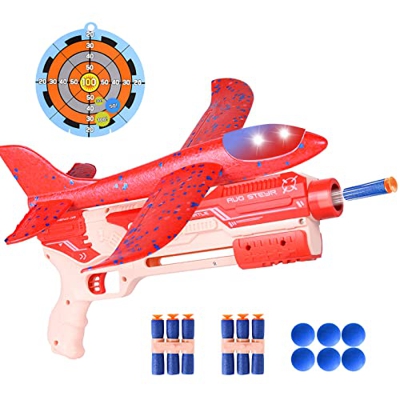 FORMIZON 5 in 1 Avion Juguete, Lanzador de Aviones, Juego de Disparos con Dardos de Espuma, Bolas de Espuma y Blanco de Tiro, Planeador de Espuma Lumi