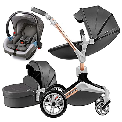 Cochecito de bebé con función de rotación de 360 grados, Sillas de paseo Hot Mom con combinación de asiento y moisés de cuero Pu de alto paisaje, gris