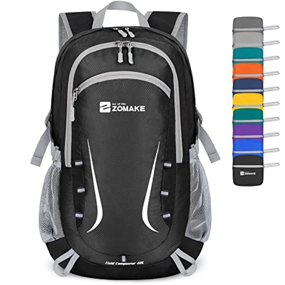 ZOMAKE Mochila Plegable Ligera 40L,Mochilas Compacta con Resistencia al Agua para Hombre,Mujer,Viajar,Senderismo,Al Aire Libre(Negro)