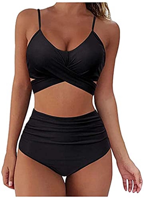 Bikinis Mujer Push Up 2021 Traje de baño Cruzado de Cintura Alta de - Bañador Ropa de Dos Piezas (Negro, M)