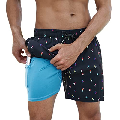 Arcweg Bañador para Hombre con Forro de Compresión 2 en 1 de Secado Rápido con Forro Corto Pantalones Cortos de Surf Elásticos con Bolsillos con Crema