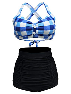 LA ORCHID Laorchid Rockabilly 1950s - Traje de baño para mujer (cintura alta, sin plancha, a cuadros) Rejilla azul y blanco. 42