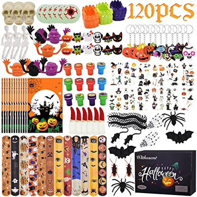 120 piezas Halloween Pinata Decoracion Accesorios Regalos, Halloween Fiesta Juguetes Complementos con Caja de Regalos, Halloween Chucherias Skeleton T