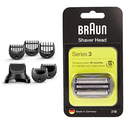 Braun Series 3 - Pack con cabezal de recortadora de barba y 5 peines BT32, compatible con afeitadora eléctrica Series 3, color negro & Braun Series 3 