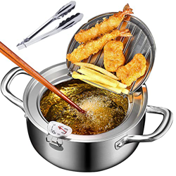 TEHONGMAI Olla para freír Tempura de 3,4 l, Acero Inoxidable 304, Fondo Plano con termómetro Fahrenheit y Rejilla de Drenaje de Aceite para Chips Temp características
