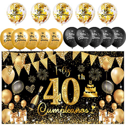 (1+15) Decoración para Cumpleaños 40 Escrita en Español 1 Pancarta Feliz Cumpleños 40 Decoración 40 Años Negro Oro Happy Bithday Fondo Cartel con15 Gl en oferta