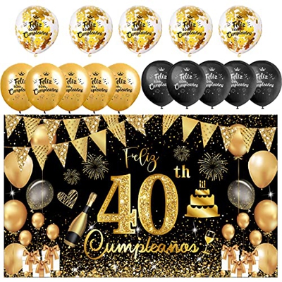 (1+15) Decoración para Cumpleaños 40 Escrita en Español 1 Pancarta Feliz Cumpleños 40 Decoración 40 Años Negro Oro Happy Bithday Fondo Cartel con15 Gl
