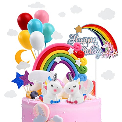 OSDUE Decoración para Tartas, 21 Piezas Decoración para Tartas de Cumpleaños, Unicornio Happy Birthday Globos Arcoiris Estrella Cake Topper Decorar, N