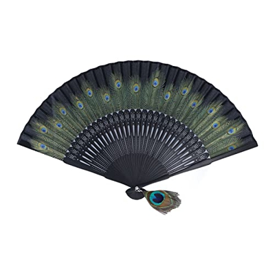 Natudeco Ventilador Plegable Viento Chino Ventilador Mano con patrón Pavo Real Hecho a Mano Ventilador Tela Oriental Herramienta refrigeración Escenar