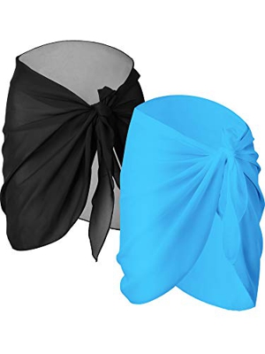2 Piezas de Pareo de Playa de Mujeres Cubiertas Sarong Falda de Gasa de Bañador (Negro y Azul Claro)