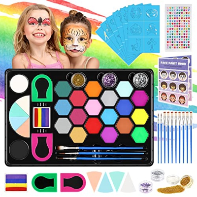 Pinturas Cara para Niños, 48 PCS Pintacaras Infantil con Tatuajes Purpurina, Pintura Facial Cara Niños Hipoalergenica Maquillaje Carnaval Halloween Re