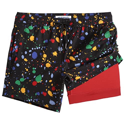 MaaMgic 2 en 1 Bañador Hombre con Forro de Compresión 4 Way Stretch con Forro Corto con Bolsillo Playa Natación Surfing,Lluvia de Colores,M