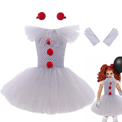 Disfraz de payaso para niña, lindos vestidos de tutú con guantes y horquilla roja, disfraz de tutú para niñas, disfraz de Halloween disfraces de cospl