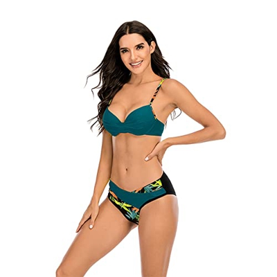 TGOZYS Bikini Mujer Push Up Halter Traje de Baño con Relleno en V Conjunto Bañador Acolchado Bikini Sets Bañador Dos Piezas Ropa de Playa(Verde_Hojas,