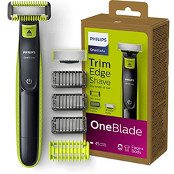 Philips OneBlade Face + Body, Recorte, peinado y afeitado, Para cualquier longitud de pelo, 1 cuchilla para la cara y otra para el cuerpo, 4 accesorio en oferta