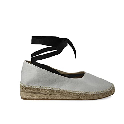 PAYMA - Sandalias Cuñas de Piel y Esparto Yute de Mujer con Cinta al Tobillo. Hechas en España. Esparteras. Cinta extraible. Color: Hielo, Talla: EU 3