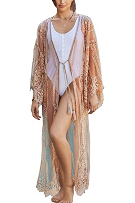 YouKD - Vestido de algodón con estampado floral de encaje para mujer, holgado, estilo bohemio, tipo kimono. Vestido para usar sobre el bikini en la pl