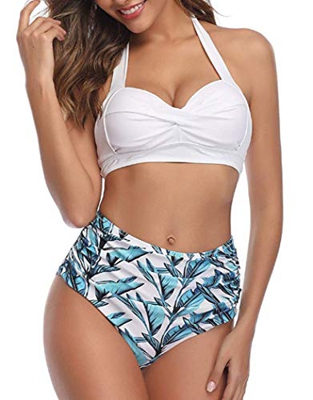 Tuopuda Mujer Retro Cintura Alta Conjunto de Bikini de Dos Piezas con Pliegues Halter Fruncido Push Up Arriba Trajes de baño Acolchados